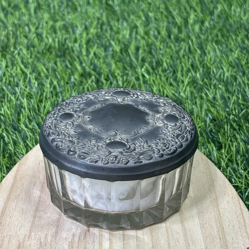 Vintage Pressed Glass Powder Jar Silver Plated Repoussé Lid Vanity Dresser Box